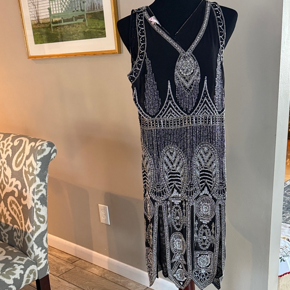 Unique Vintage Black and Silver Beaded Midi Dress